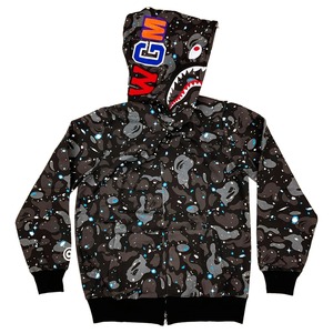 Sudadera con capucha unisex con cremallera, estampado de camuflaje de tiburón, estilo urbano, corte holgado, tejido polar, diseño de apliques bordados, 180g - Product Image 4