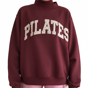 Nouvel arrivage : Sweat-shirt col roulé bordeaux pour femme, imprimé lettres Pilates, manches longues, en coton tricoté, idéal pour l'automne – Disponible en ligne - Product Image 1