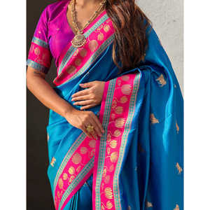 Sari Azul de Seda Suave Pichwai, Tejido Tradicional con Zari, Ropa India y Pakistaní, 600g Elite Weaves - Product Image 2