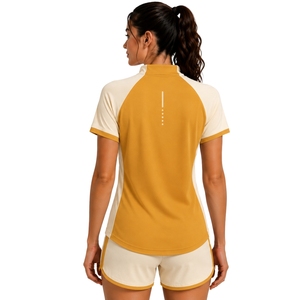 Ensemble de t-shirt et short de sport pour femme, couleur moutarde et beige, demi-zip, séchage rapide, manches courtes, vêtements de sport, fitness, gym, tenue de tennis - Product Image 2
