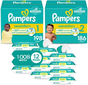 Kit de démarrage Pampers pour bébés - Couches jetables Swaddlers tailles 1 (198 couches) et 2 (186 couches) avec Sensitive - Product Image 1