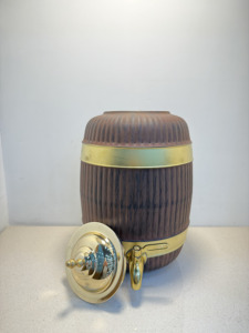 Premium Wood Grain Pure <b>Copper</b> Water Dispenser Tank 14L Ribbed Barrel Shape Matka Leakproof Metal Water Camper with Tap - Product Image 5