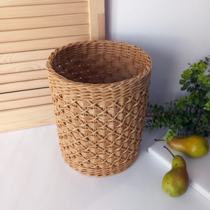 Rattan Storage Basket Cylindrical Woven Geometric Pattern Minimalist Decorative Indoor Household Use Open Top Wastes <b>Bin</b> - Product Image 4