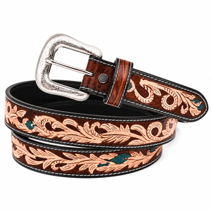 Men's Genuine <b>Leather</b> <b>Tooled</b> Western Belt Decorative Floral Pattern Belt for Casual Wear - Product Image 1