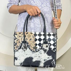 Nouveauté : Sac fourre-tout en cuir de vachette véritable à carreaux, avec décorations florales, élégant, pour femme, à porter à l'épaule ou en bandoulière, pour un usage quotidien - Product Image 1