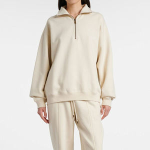 Sweat-shirt demi-zip crème pour femme en molleton épais de qualité supérieure, haut décontracté pour le sport et la détente - Product Image 4