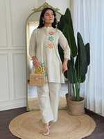 Ensemble coordonné en coton crème brodé de fleurs pour femmes, avec pantalon assorti, vêtements ethniques traditionnels, style Inde Pakistan, décontracté