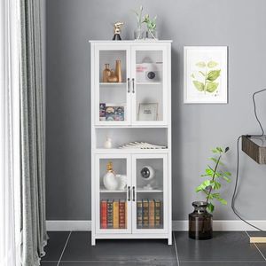 FCH American Country <b>White</b> MDF <b>Bookcase</b> with Spray Paint Features Upper Two Doors Middle Shelf Lower Two Doors - Product Image 1