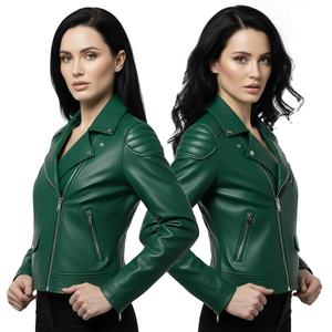 Veste de moto en cuir vert en peau de mouton pour femmes, sur mesure, vente en gros, prix d'usine, style motard authentique, manteau pour femmes, service OEM - Product Image 1