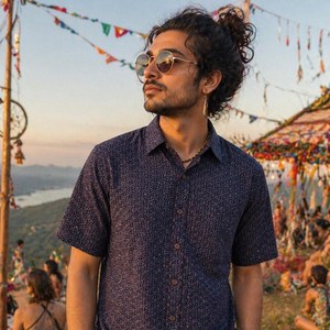 Handmade Men Cotton Geometric Print <b>Half</b> Sleeve <b>Shirt</b> Ethically Sourced Indigo Blue Casual Summer Wear for Men - Product Image 1