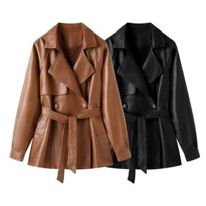 <b>Women</b> PU Leather Logo Breathable Double Breasted Waist-Tied Eco-Friendly Jacket <b>Women</b> Loose Black Brown Woven <b>Coat</b> <b>Spring</b> wear - Product Image 6