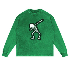 Dabbing <b>Skeleton</b> Long Sleeve T-Shirt Unisex Crew Neck 100% Cotton Loose Fit All Seasons Green Pattern Front Print - Product Image 6
