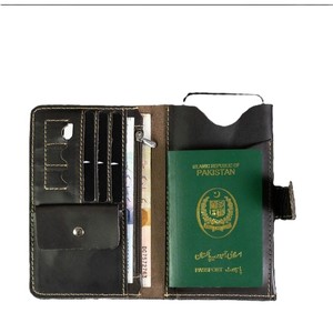 Genuine Leather Travel Passport Holder <b>Zipper</b> Pocket Snap Button <b>Wallet</b> Document Organizer SIM Card Slots Black Case For Men - Product Image 2