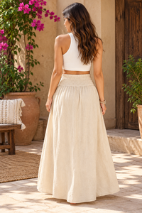 Bohemian Maxi <b>Skirt</b> with Fringe, Ivory Geometric Print <b>Long</b> <b>Skirt</b>, <b>High</b> <b>Waisted</b> Bohemian Festival <b>Skirt</b> - Product Image 2