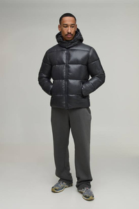Men Black Hooded Puffer Jacket Winter 2026 Glossy <b>Padded</b> <b>Coat</b> Full Zip Quilted <b>Waterproof</b> Outerwear Custom OEM Windproof Casual - Product Image 3