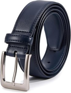 Cinturón Formal de Cuero Genuino Azul Marino, Hebilla Rectangular Plateada, Color Sólido, Duradero, 3.5 cm de Ancho - Product Image 3