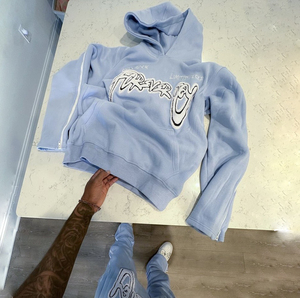 Ensemble de survêtement pour hommes, sweat-shirt à capuche et pantalon de jogging, bleu clair, imprimé lettres, coupe ample, longueur intégrale, streetwear, vêtements d'automne - Product Image 3