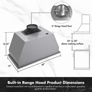 เครื่องดูดควันในครัวสแตนเลสขนาด 48 นิ้ว รุ่น Range Hood Built-in/Insert 48 นิ้ว พร้อมพัดลมดูดอากาศ 600 CFM - Product Image 3