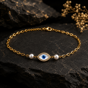 Gold Plated Chain Bracelet Adjustable Chain Link <b>Bangle</b> Blue Center Stone Pearl Accent for Women - Product Image 4