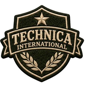 Écusson brodé vert olive Technica International avec étoile et couronne de lauriers pour vestes, sacs, uniformes et vêtements - Product Image 1