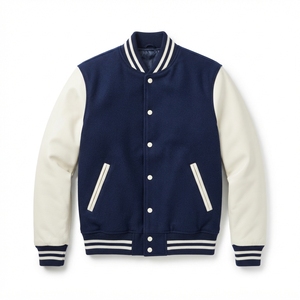 Men's <b>Vintage</b> Washed Wool Viscose Eco-Friendly Windproof Stand Collar Patchwork Design Loose Fit Winter <b>Varsity</b> <b>Jacket</b> - Product Image 1