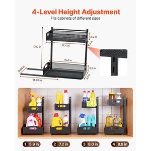 Organisateur sous évier, lot de 2, étagère coulissante à 2 niveaux avec réglage de hauteur sur 4 niveaux, rangement de salle de bain en métal - Product Image 3