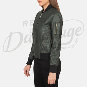 Women Dark Green Real <b>Leather</b> Bomber <b>Jacket</b> Slim Fit MA1 Style Premium Sheepskin Casual Winter Varsity Outerwear - Product Image 5
