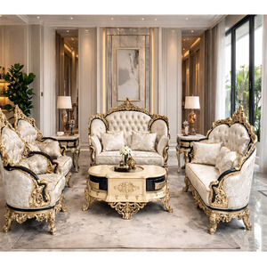 Juego de Sofás de Madera de Teca Tallada a Mano de Estilo Europeo Clásico, Muebles de Sala de Estar con Hojas de Oro Talladas Exclusivas, Juego de Sofás de Aspecto Majestuoso, Reino Unido - Product Image 1