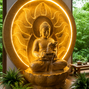 Fontaine d'eau Bouddha haut de gamme avec halo LED rétroéclairé, sur pied, en fibre artisanale, fontaine de méditation intérieure de luxe pour la maison et le temple - Product Image 2