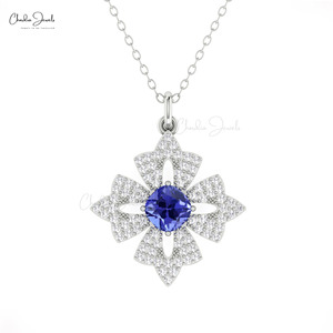 Luxury 5MM Cushion Cut Blue Tanzanite Gemstone Floral <b>Pendant</b> 14k <b>Solid</b> <b>Gold</b> Diamond <b>Pendant</b> Fine Jewelry at Manufacturing Price - Product Image 1