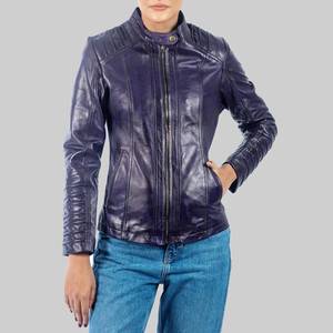 Rebecca Womens Purple Distressed Biker <b>Leather</b> <b>Jacket</b>-Breathable Stand-Up Collar <b>Winter</b> - <b>Leather</b> <b>Jacket</b> Purple - Product Image 3
