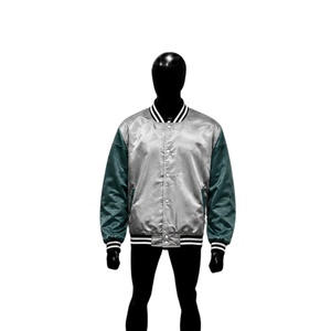 Veste de baseball premium en satin argenté brillant et vert sarcelle foncé, avec manches contrastées rayées noir et blanc - Product Image 1