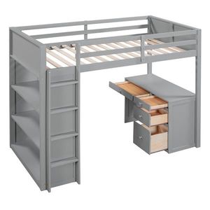 Letto a soppalco moderno per bambini, con scaletta, mensole e scrivania, in legno massello grigio, stile semplice, con funzioni di archiviazione, per camerette dei più piccoli - Product Image 3