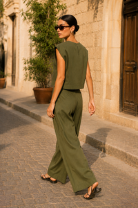 Ensemble deux pièces décontracté pour femme, tissé uni, sans manches, col rond, coupe ample, haut à boutons latéraux et pantalon large longueur pleine - Product Image 5