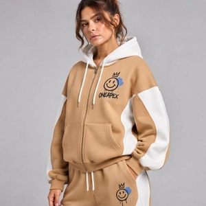 <b>Women's</b> Khaki <b>White</b> Color Zip Hoodie Tracksuit Set Fleece <b>Jogger</b> Pants Casual Streetwear Custom Private Label Apparel - Product Image 3