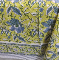 Nappe en coton imprimée à la main indienne, motif floral vert jaune bleu, rectangulaire, style bohème, pour salle à manger
