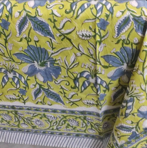 Nappe en coton imprimée à la main indienne, motif floral vert jaune bleu, rectangulaire, style bohème, pour salle à manger - Product Image 4