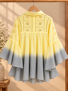 Blusa de Mujer con Mangas Campana en Degradado Amarillo y Volantes, Estilo Bohemio, Holgada, para Primavera/Verano - Product Image 2