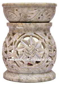 Brûleur d'huiles aromatiques en pierre savonneuse sculptée naturelle, forme ronde, motif floral, finition et fabrication soignées, et best-seller en ligne. - Product Image 2