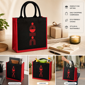 Sac fourre-tout en jute à motif géométrique, noir et rouge, taille moyenne, avec poignée longue, pour usage quotidien, cadeau et fêtes - Product Image 4
