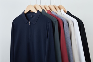 Polo à manches longues pour homme, couleur unie, fermeture éclair, style décontracté, coupe classique, matière de haute qualité, polos à manches longues en vente - Product Image 5