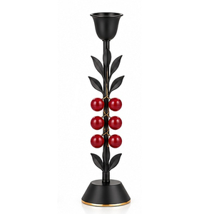 <b>Black</b> Iron <b>Candlestick</b> <b>Holder</b> with Red Berry Design for Christmas Home Decoration - Product Image 1