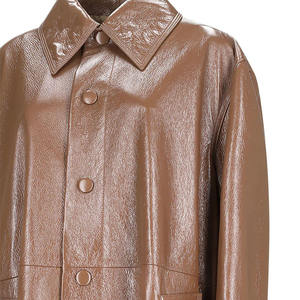 Abrigo Largo de Cuero Sintético PU Negro para Mujer, con Cinturón, Cuello Redondo, Sólido, Transpirable, Estilo Casual de Invierno - Product Image 4