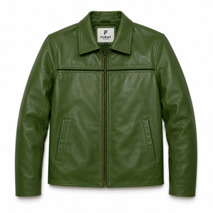 Veste en cuir vert mystique Furat Leathers, respirante, coupe-vent, col montant, broderie personnalisable sur le devant, décontractée pour homme - Product Image 1