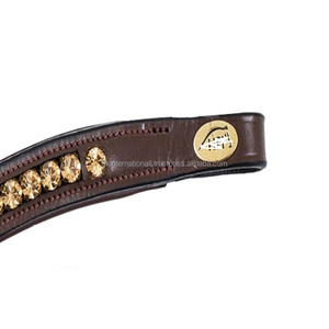 Banda de cejas de caballo de cuero Premium marrón decorada con cristales florales dorados banda de cejas de cadena mega Bling para brida - Product Image 3