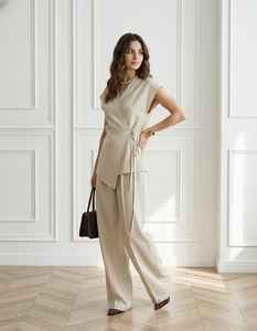 Conjunto de Dos Piezas para Mujer, Color Beige, Lino, Estilo Vintage, Lavado, Top Corto sin Mangas Cruzado y Pantalones Anchos, Conjunto Casual de Verano - Product Image 2