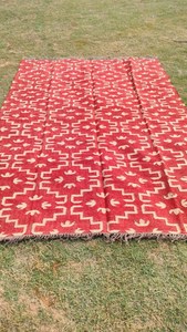 Tapis Kilim Géométrique Fait Main Rectangulaire Rouge en Laine Écologique, Tufté à la Main, avec Dos en Latex, Poil Moyen, pour Salon et Maison, Facile à Nettoyer - Product Image 5