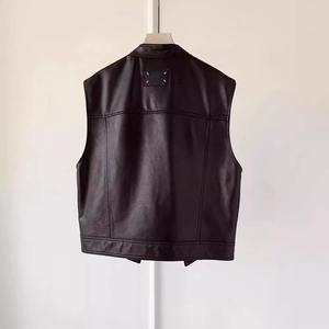VIBE SEWN - Blusa sin mangas de cuero genuino y lona para mujer, estilo gótico, corte ajustado, cuello en V largo, doble botonadura - Product Image 6