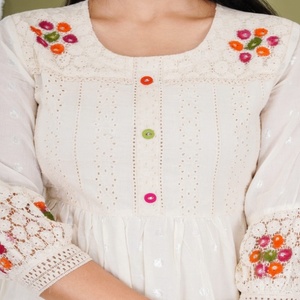 Chic Off White Cotton Dress with Multicolor Embroidery and Lace Hem Detailing for Stylish Everyday Elegance - Product Image 2
