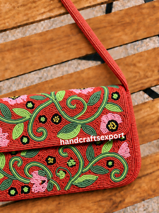 Wholesale Handmade <b>Red</b> Beaded Floral Shoulder Bag, Colorful Flower, Magnetic Snap Closure Durable Lightweight Eco-Friendly - Product Image 2
